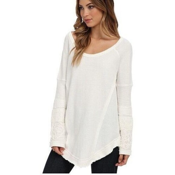 Free People Tops - Free People Womens Ivory Tunic Shirt S/P Long Sleeve Lace Boho Cottagecore Raw